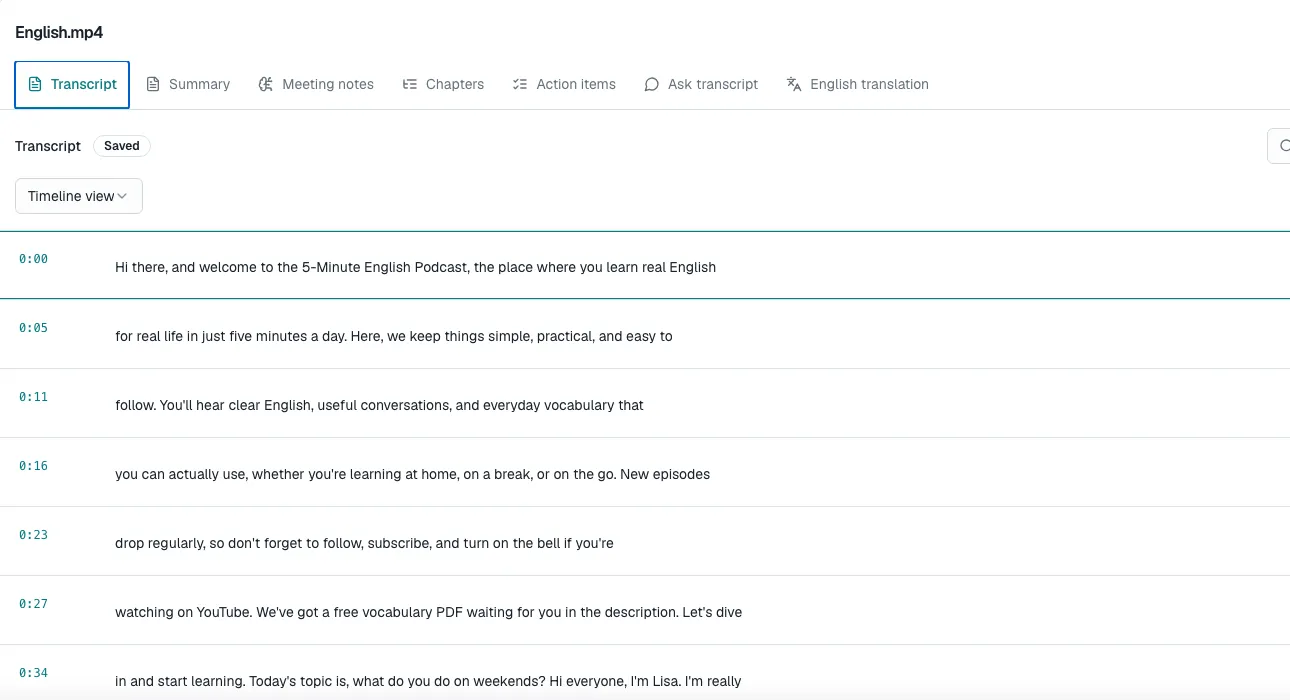 ToText transcript editor showing timestamped English transcription segments